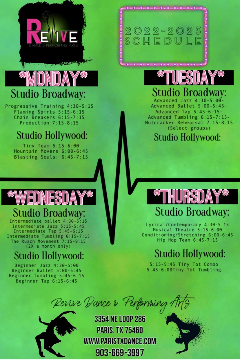Class Schedule Revive Dance Performing Arts Dance Classes Ballet Tap Jazz Lyrical Hip Hop Stretching Musical Theatre Paris Tx Class Schedule Revive Dance Performing Arts Dance Classes Ballet Tap Jazz Lyrical Hip Hop Stretching Musical Theatre Paris Tx